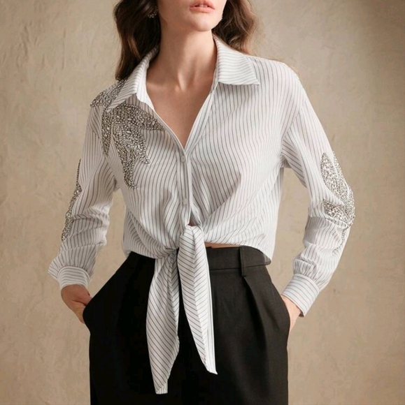 Women's Elegant City Rhinestone Striped Long Sleeve Collared Shirt